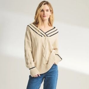 NAADAM Varsity Cable Knit V-neck Sweater Cream Black Oversized XXS-XS EUC!